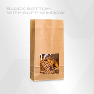 Block bottom paper bags with BOPP window